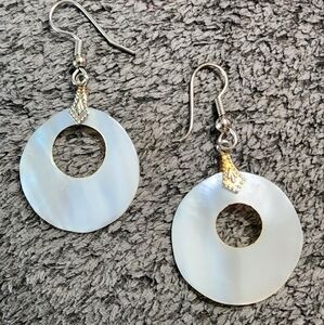 Minimalist Mother of Pearl and Silvertone Hoop Earrings